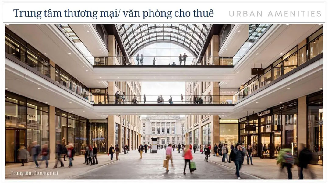 Trung Tâm Thương Mại & Dãy Shophouse: Ngay dưới chân các tòa nhà là khối đế thương mại và dãy shophouse 5 tầng – nơi hội tụ các thương hiệu nổi tiếng, nhà hàng, café, siêu thị tiện lợi và dịch vụ mua sắm – giải trí cao cấp, đáp ứng mọi nhu cầu sinh hoạt của cư dân.